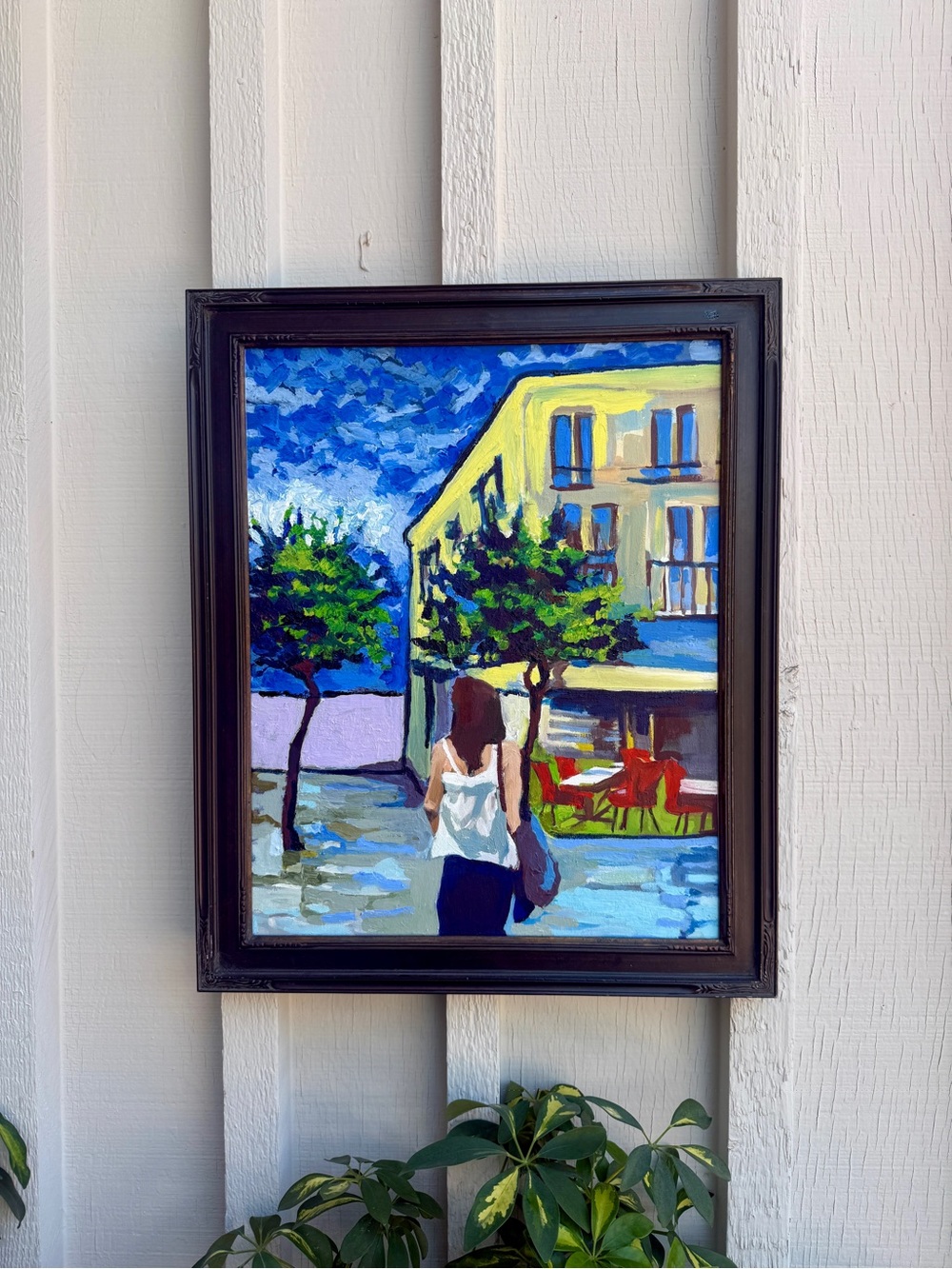 Framed Street Scene Art Print - Blue and Yellow 16x20” original oil painting